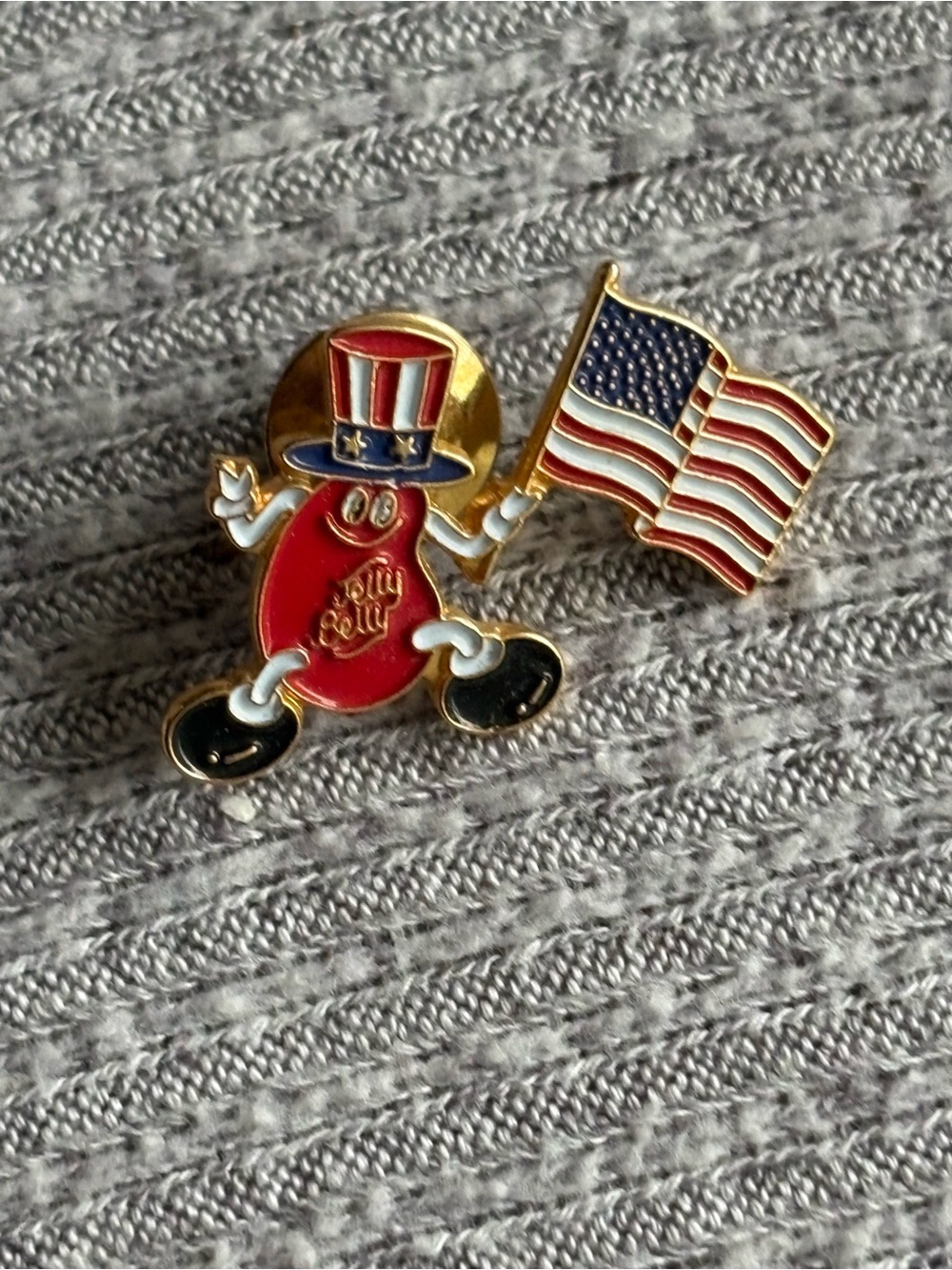 Vintage gold tone Herman Goelitz signed Jelly Belly w American flag lapel pin
